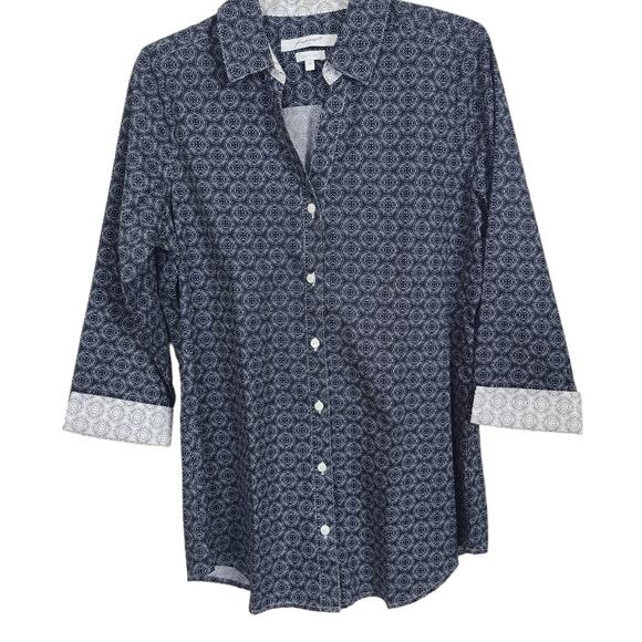 Foxcroft Women's Blue Dot Geo Print Flip Cuffs Nautical V Neck Button Shirt 10 - Picture 1 of 13
